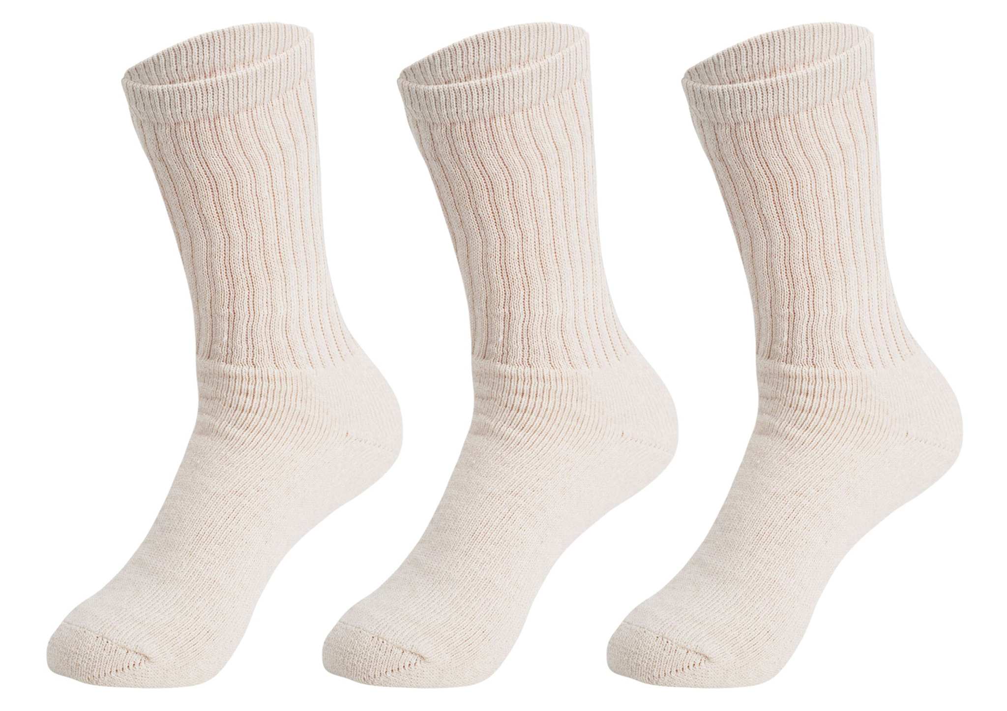 Three pairs of beige cotton crew socks for women with cushioned sole and ribbed design