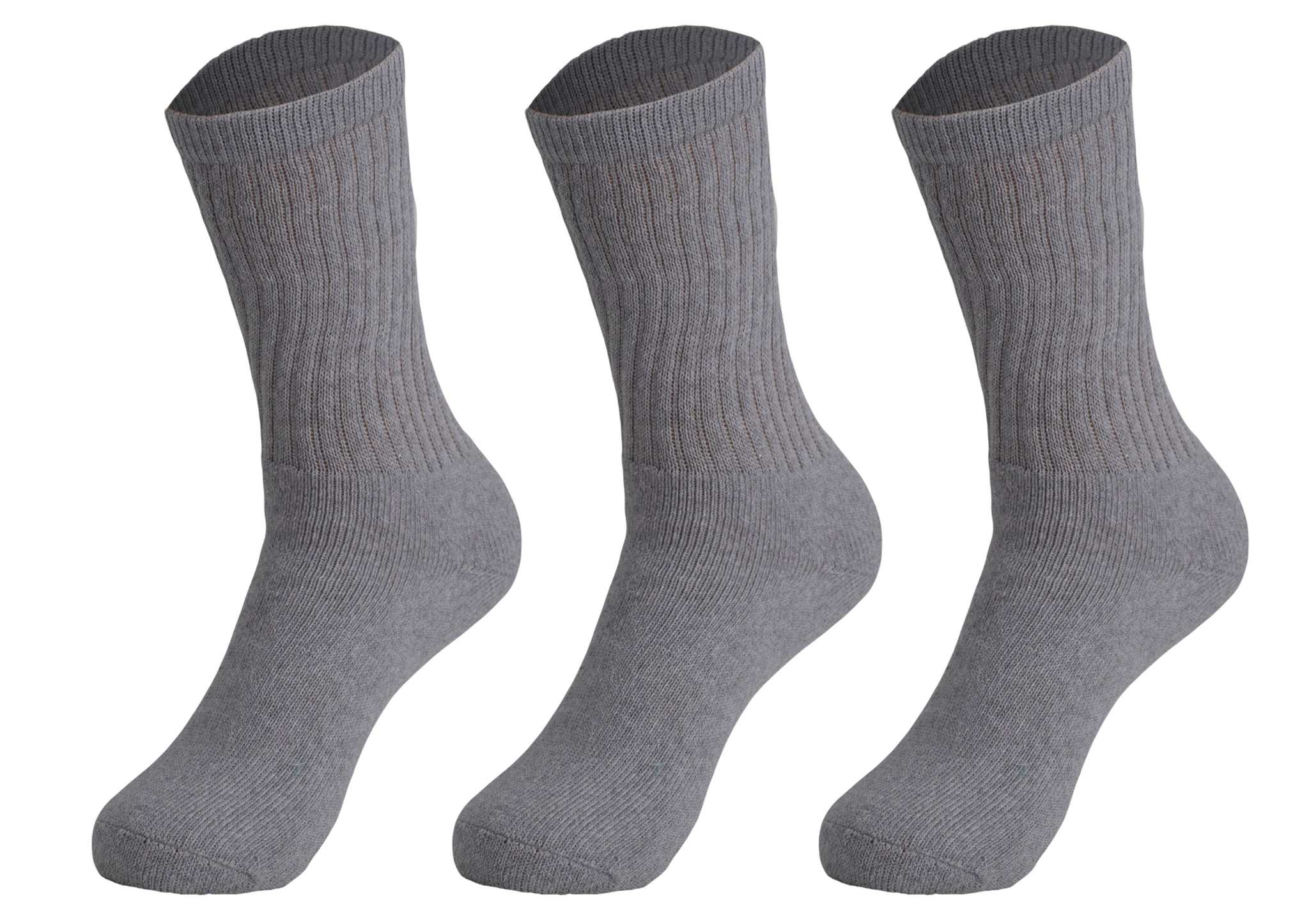Three pairs of gray cotton crew socks for women with ribbed cuffs and reinforced heels and toes