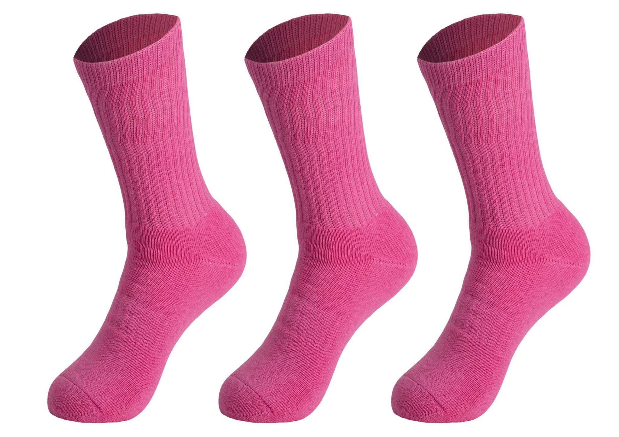Three pairs of pink cotton crew socks for women, breathable and cushioned for everyday and sports wear