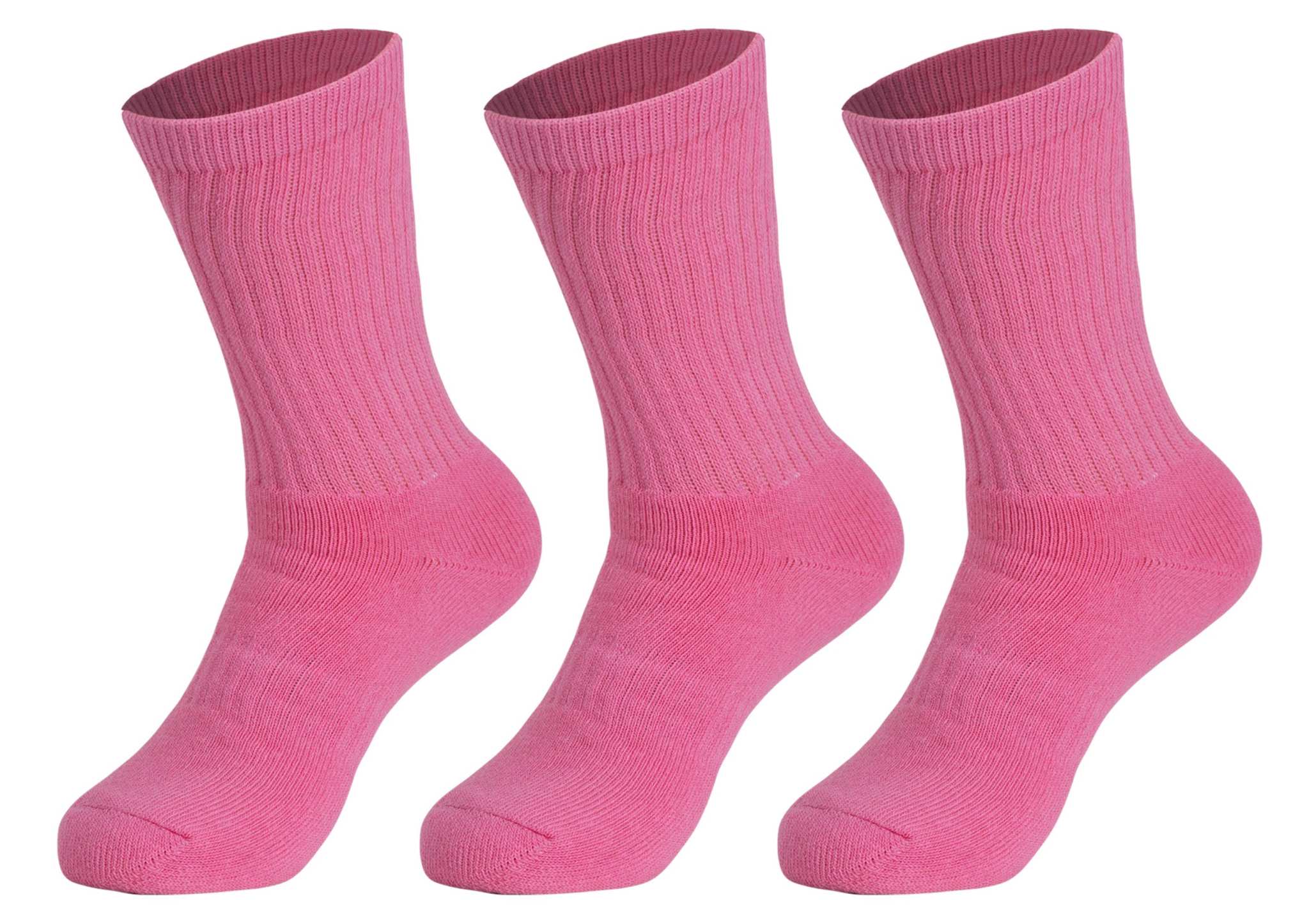Three pairs of pink cotton crew socks for women, breathable and cushioned for everyday and sports use.