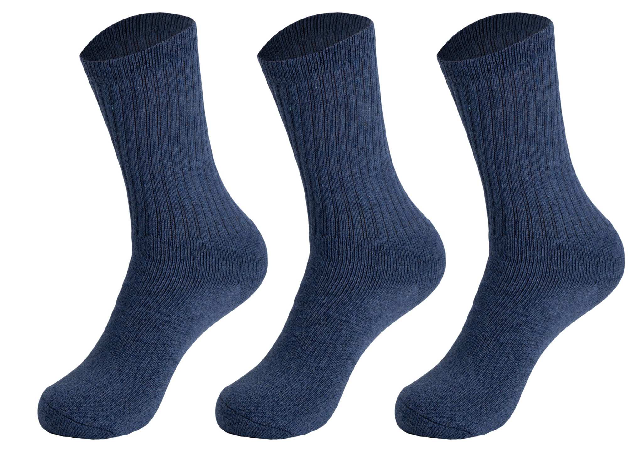 Three pairs of navy blue cotton crew socks for women, breathable, cushioned, and durable for everyday and sports wear