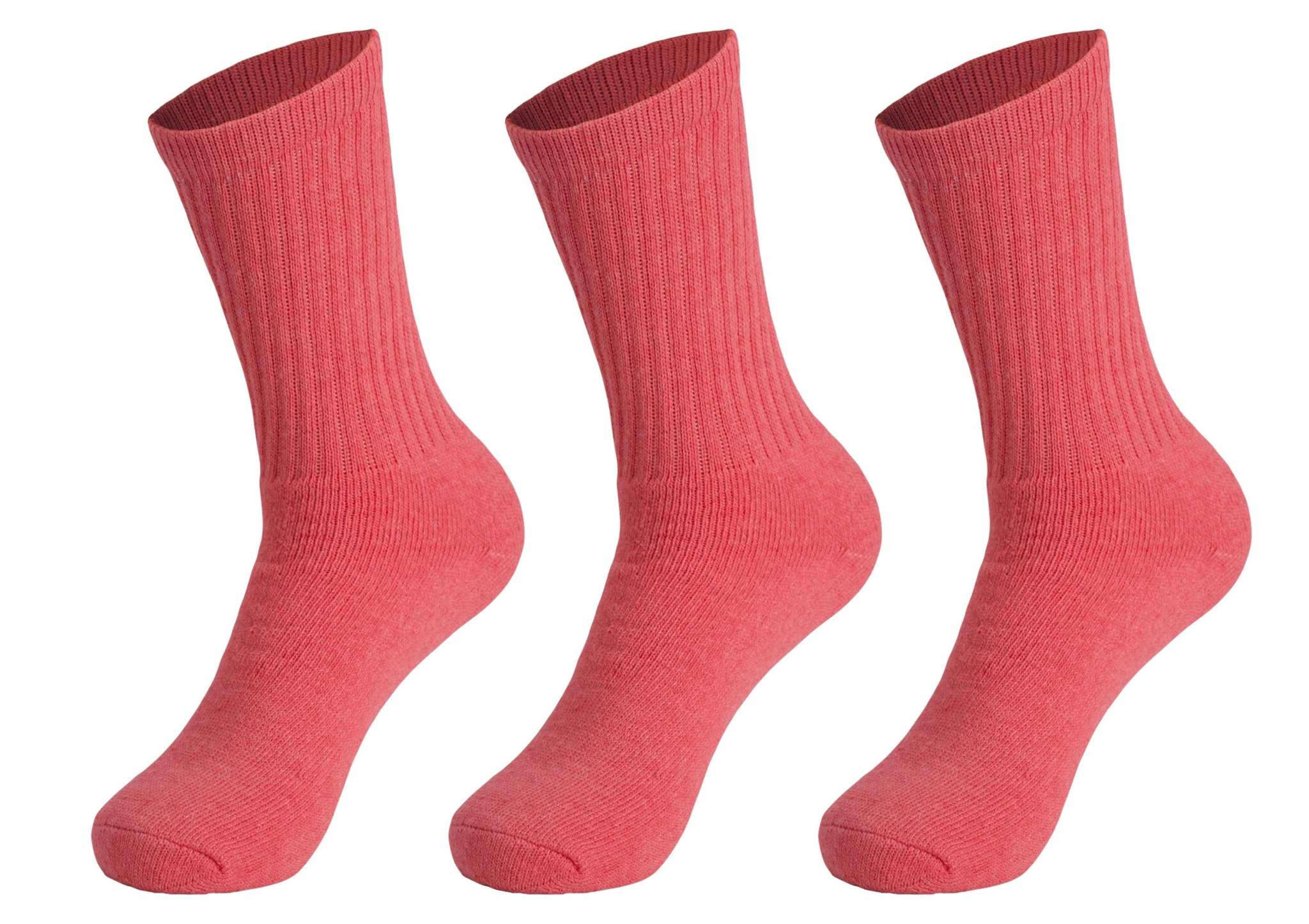 Three pairs of pink cotton crew socks for women with ribbed design and cushioned foot.