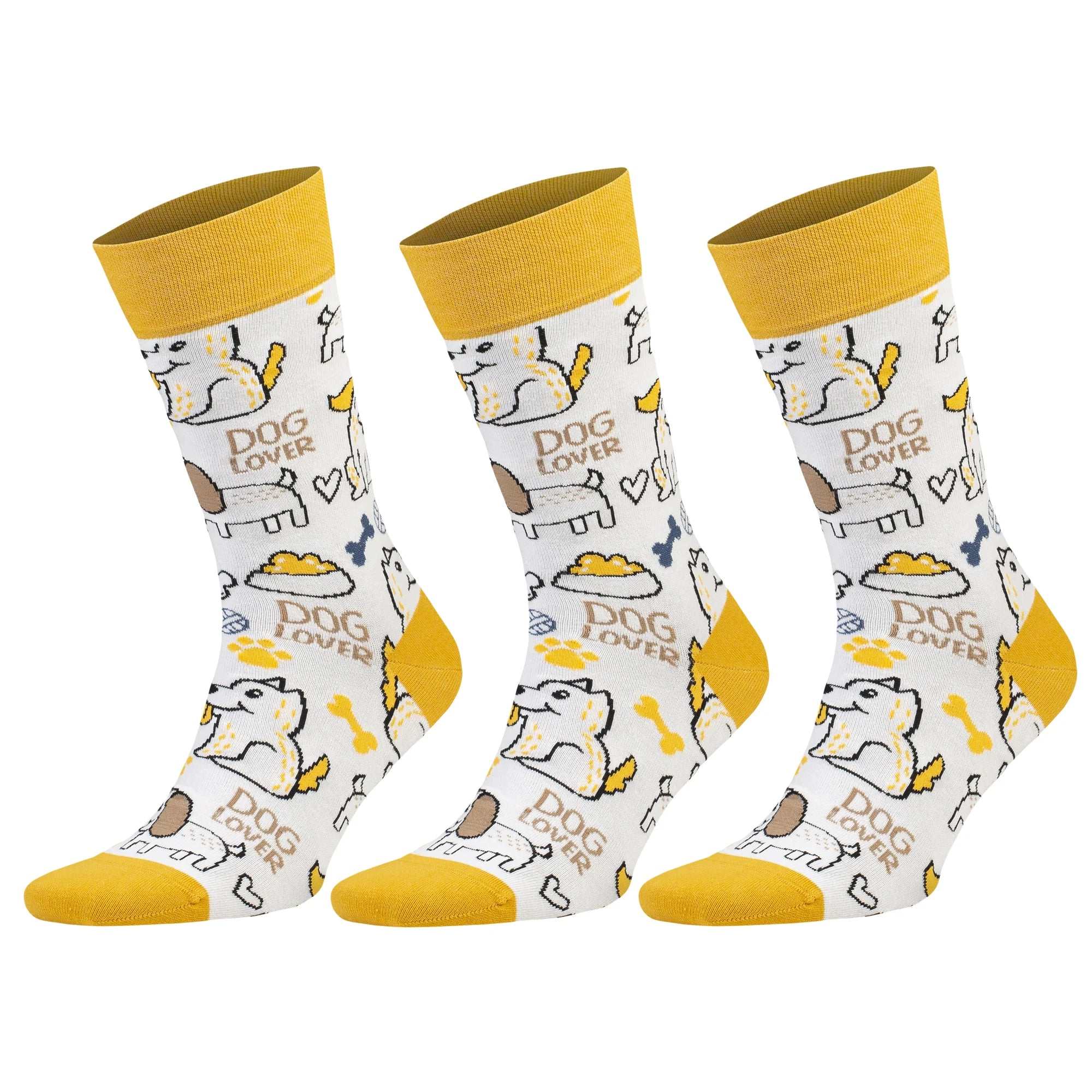 3 pairs of colorful crew socks for dog lovers, featuring playful dog and bone patterns in yellow and white.