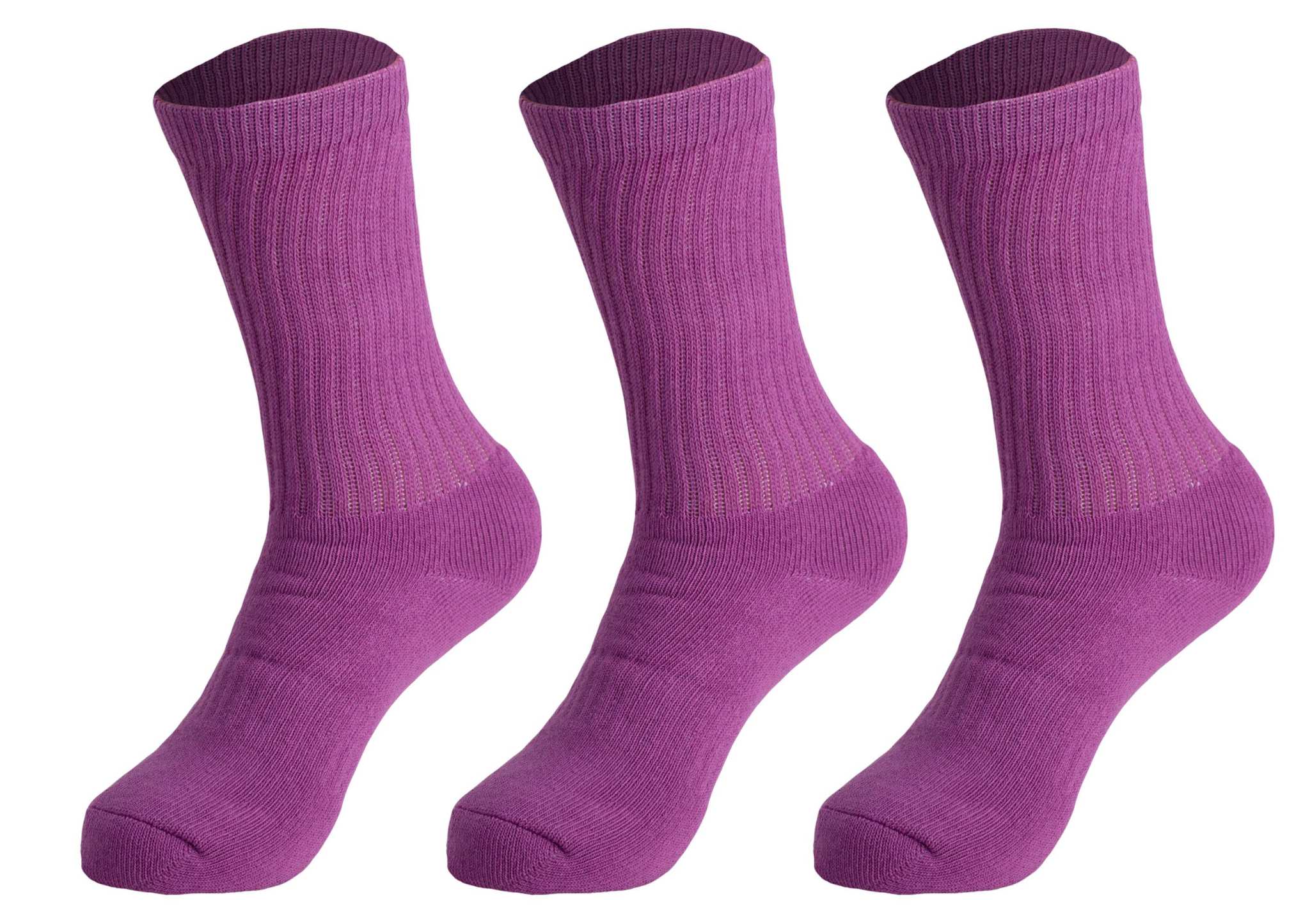 Three pairs of purple cotton crew socks for women, breathable and cushioned for everyday and sports wear.