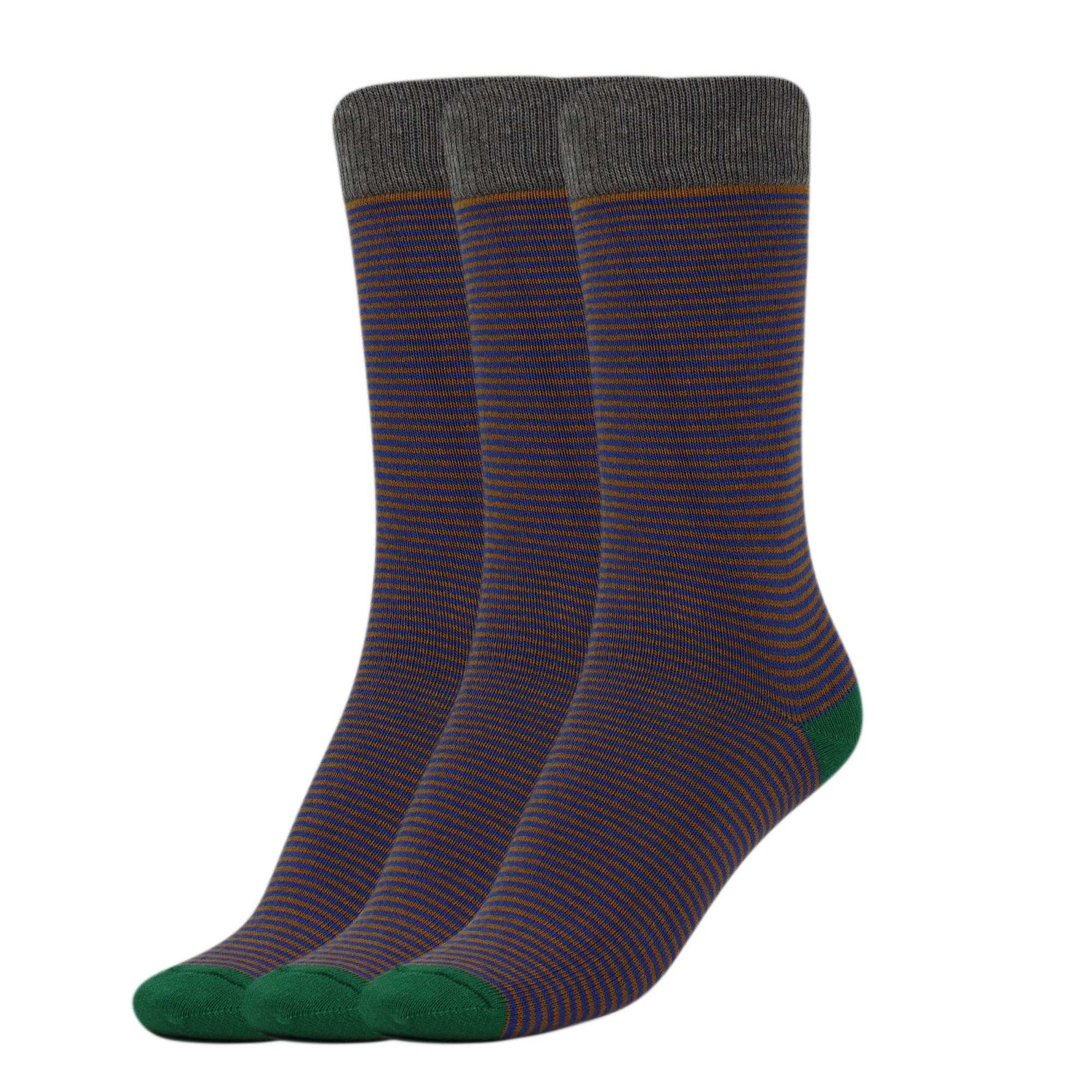 3 pairs of women’s striped cotton crew socks in blue and orange with gray cuffs and green toes and heels