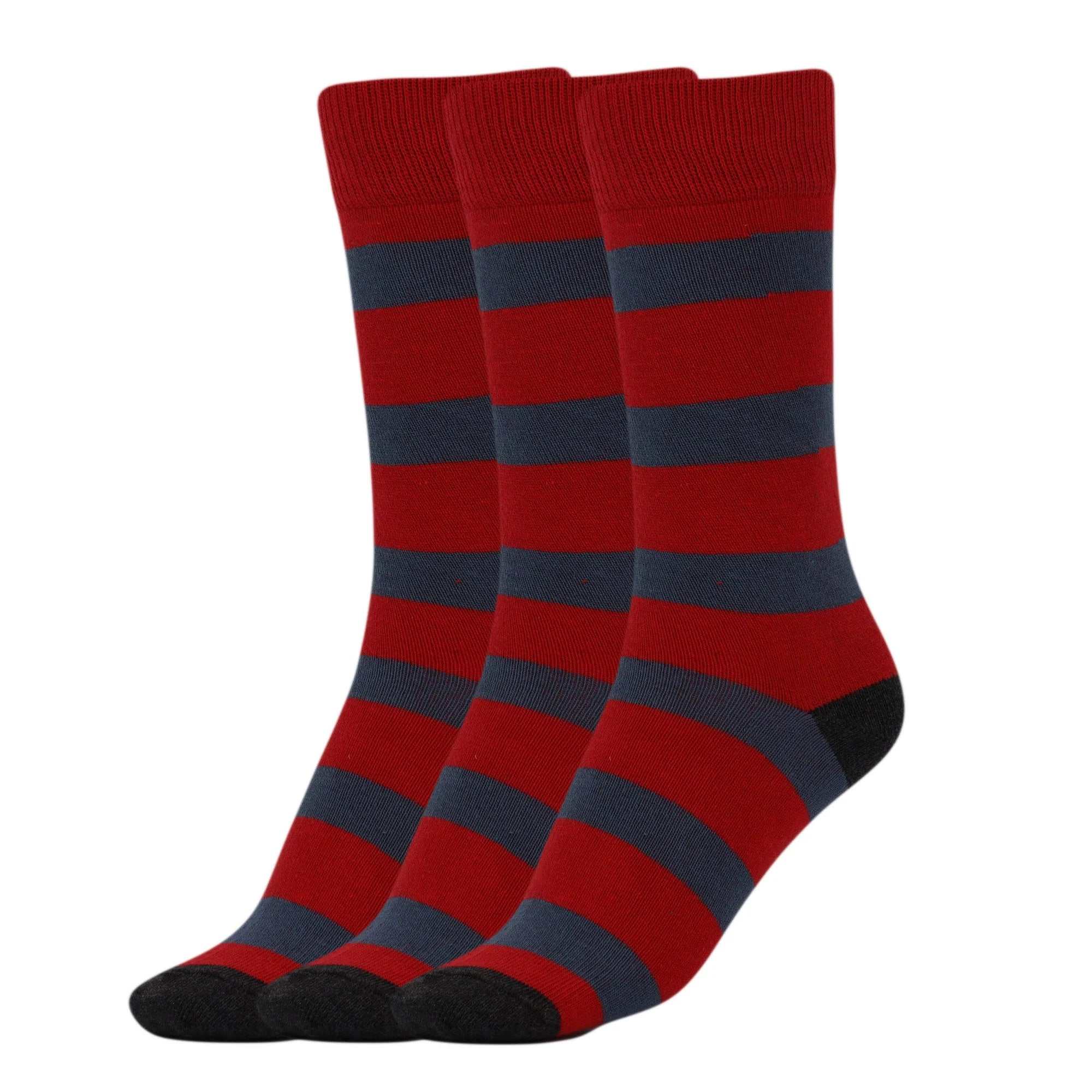 3 pairs of women's striped cotton crew socks in red and dark blue with black toes and heels, soft breathable fabric, elastic fit