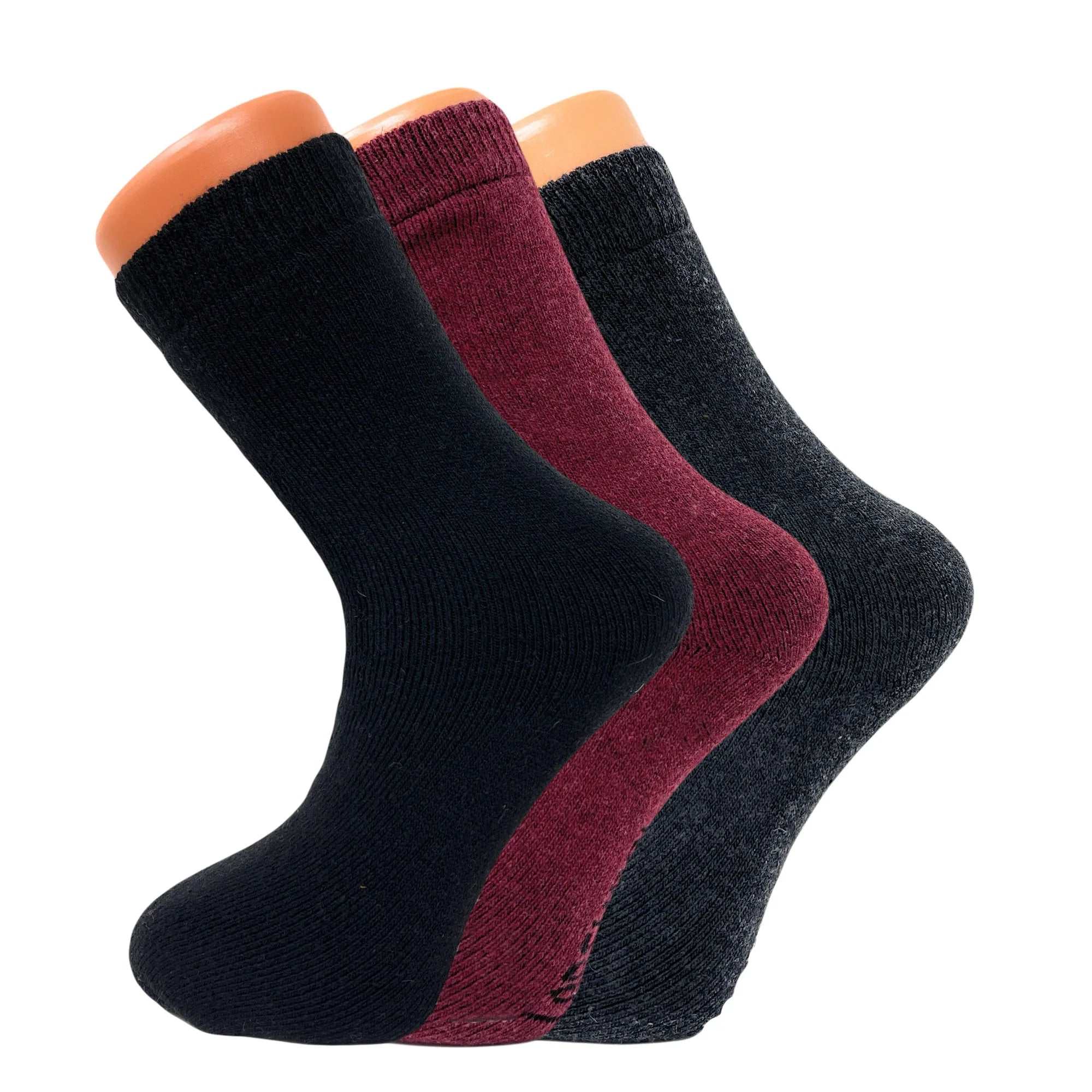 3 pairs of women's thermal wool crew socks in black, red, and gray for warmth and comfort