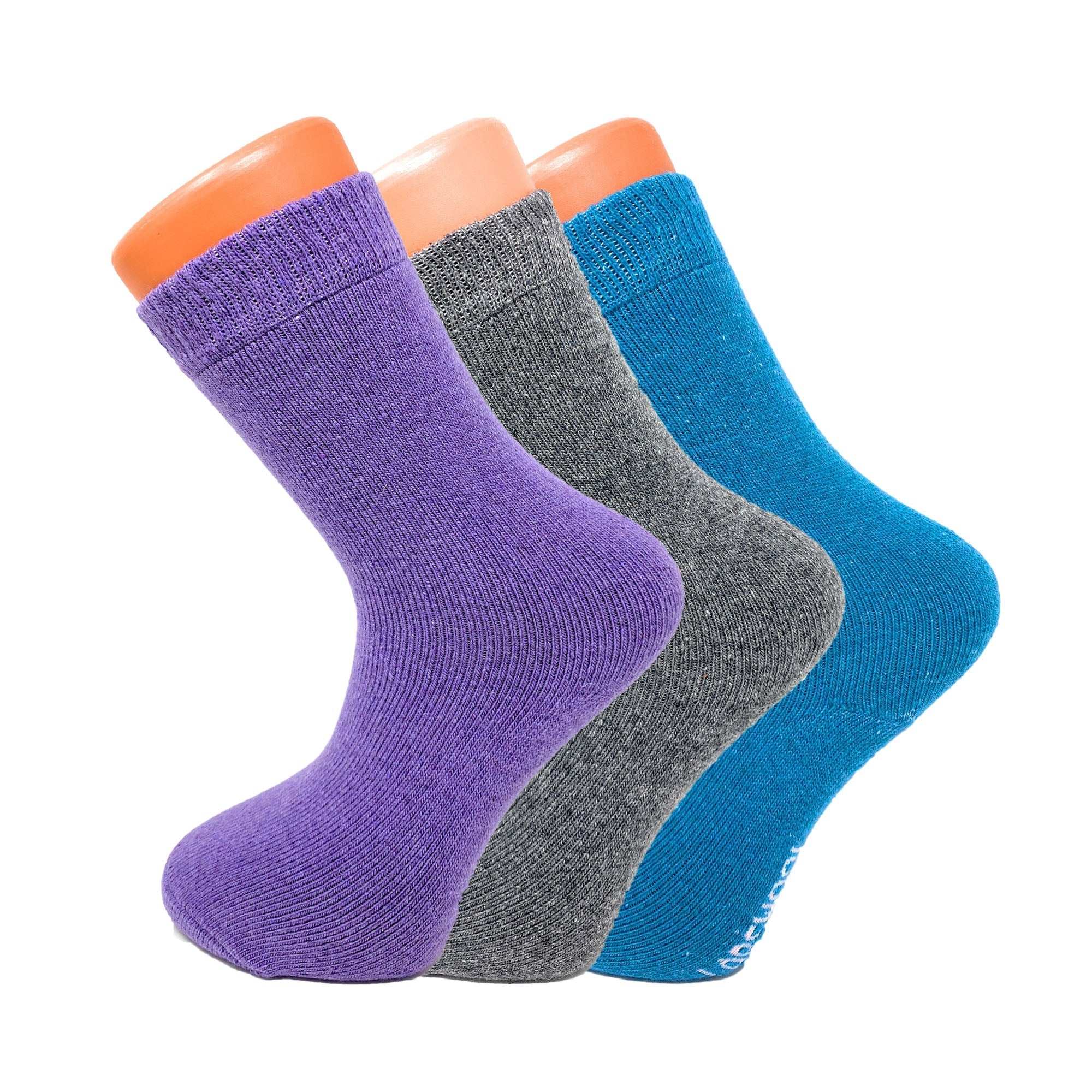 3 pairs of women’s thermal wool crew socks in purple, gray, and blue with soft, breathable, and warm fabric for size 5-7 feet