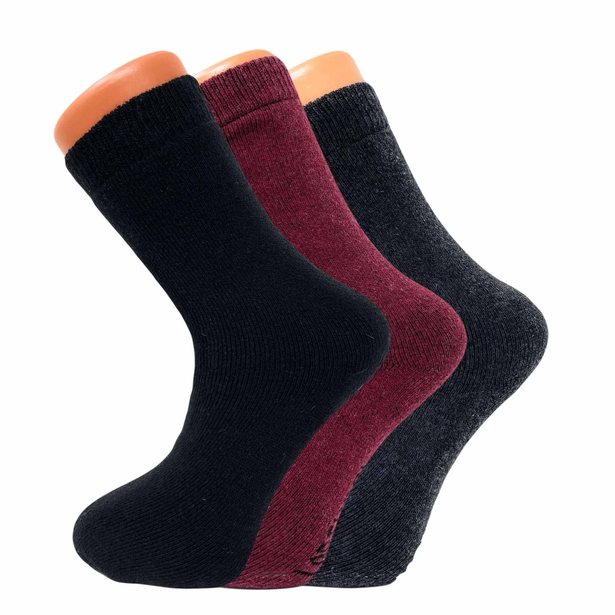 3 pairs of women’s thermal wool socks in black, red, and gray for cozy winter warmth and comfort