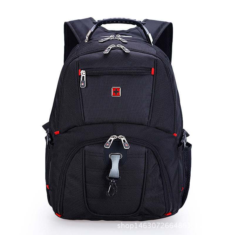 Large capacity computer backpack made of durable Oxford cloth with multiple pockets and a soft surface design.