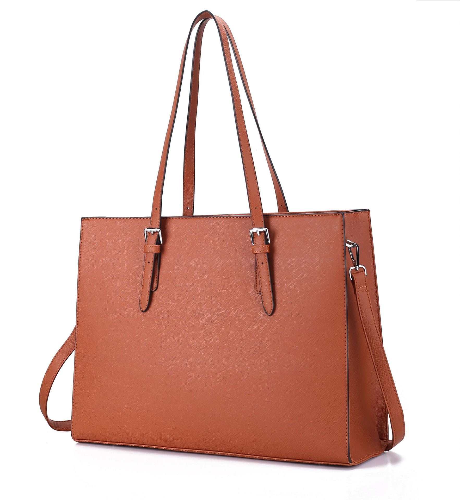 Large capacity brown women's shoulder portable business computer bag with multiple compartments and adjustable straps