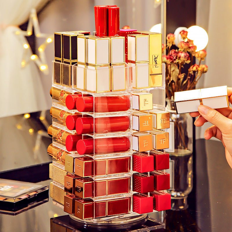 360-degree rotating clear plastic lipstick storage box organizer on vanity table