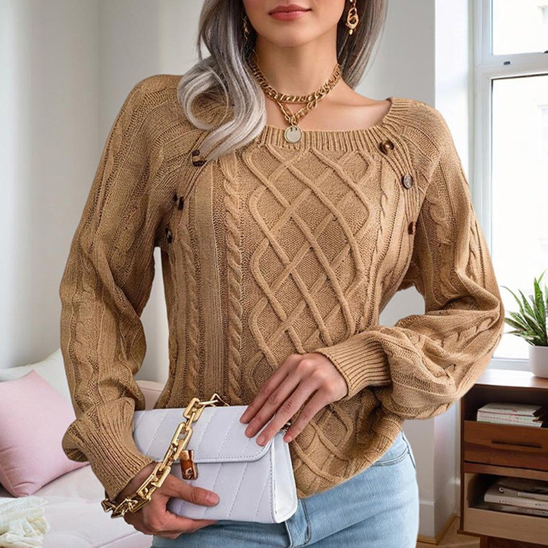 Women's cozy square neck knit top featuring textured ribbed pattern and button details, perfect for fall and winter.