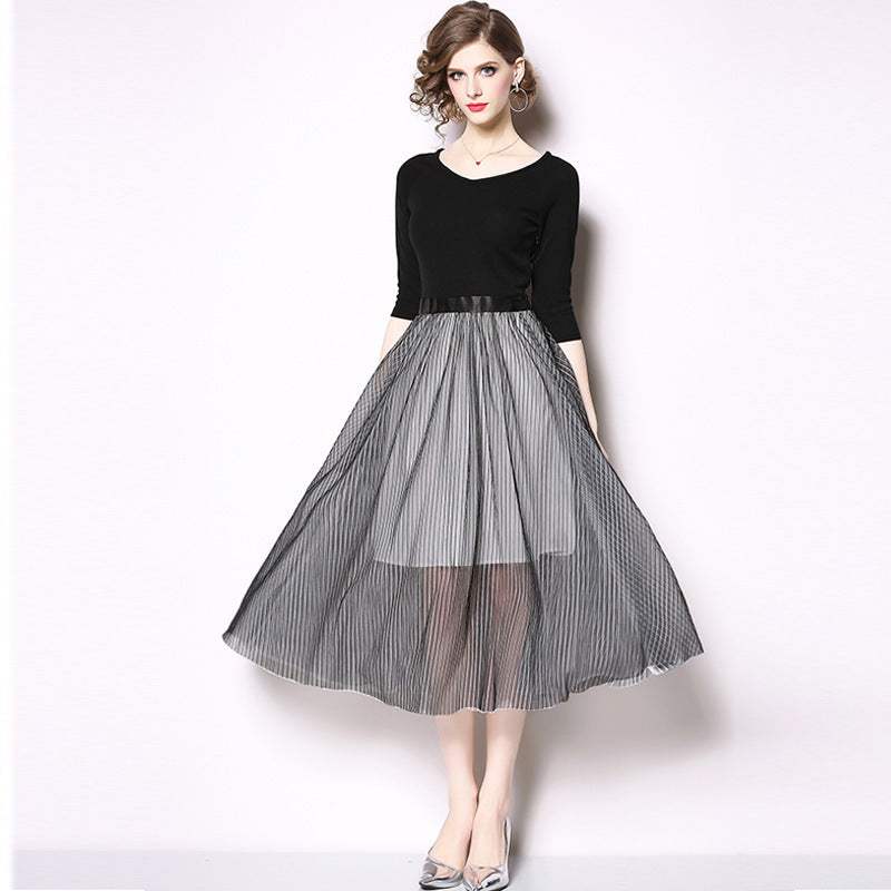 Women's Fashion Round Neck 34 Sleeves Patchwork Stripes Voile Dress