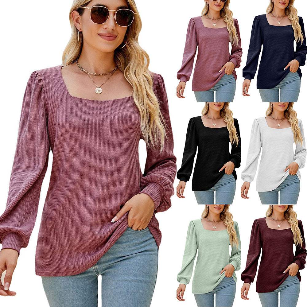 Women's U-neck Pleated Puff Sleeve Top Loose Casual Solid Color T-shirt