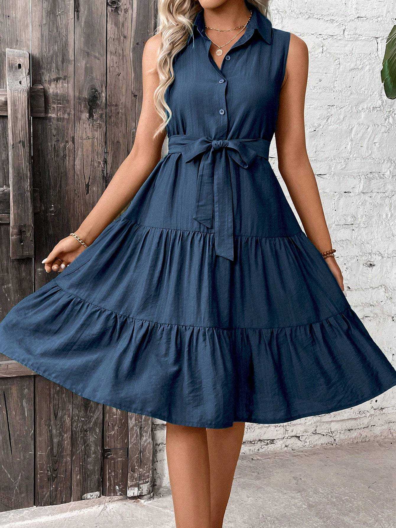 Ruffle Hem Belted Shirt Dress Maxi Vacation Beach Outfits Women