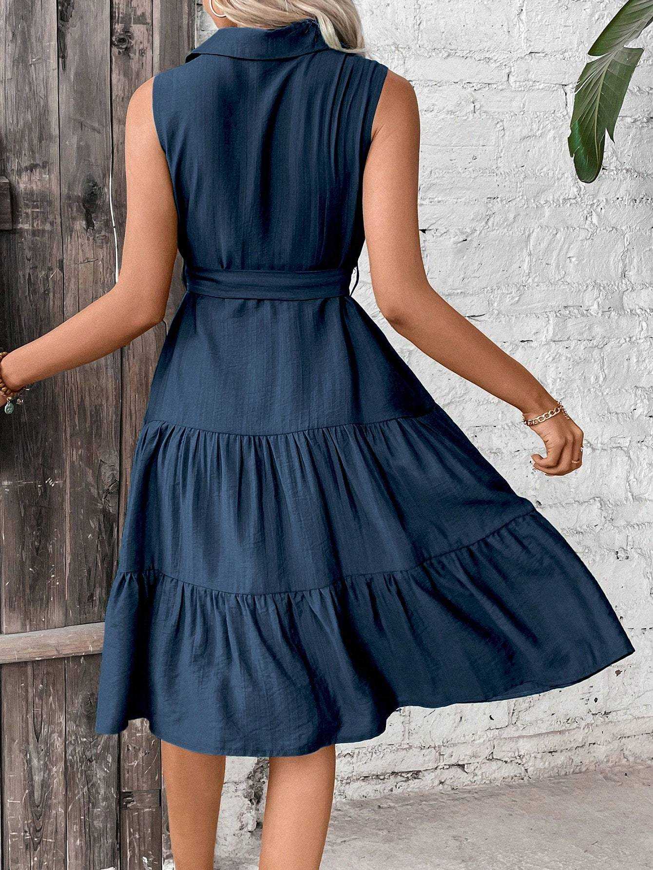 Ruffle Hem Belted Shirt Dress Maxi Vacation Beach Outfits Women