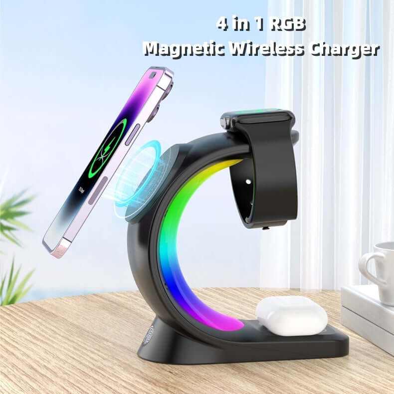 4 in 1 RGB magnetic wireless charger with atmospheric lighting, designed for phone and smartwatch charging.
