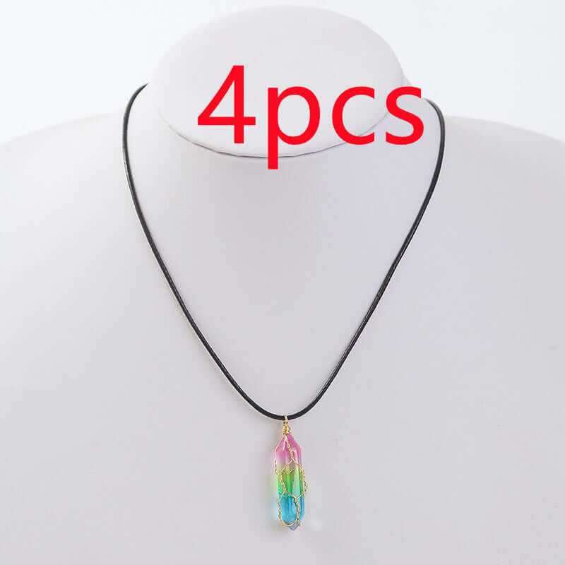 Colorful geometric crystal necklace on a black cord, showcasing a beautiful pendant design.