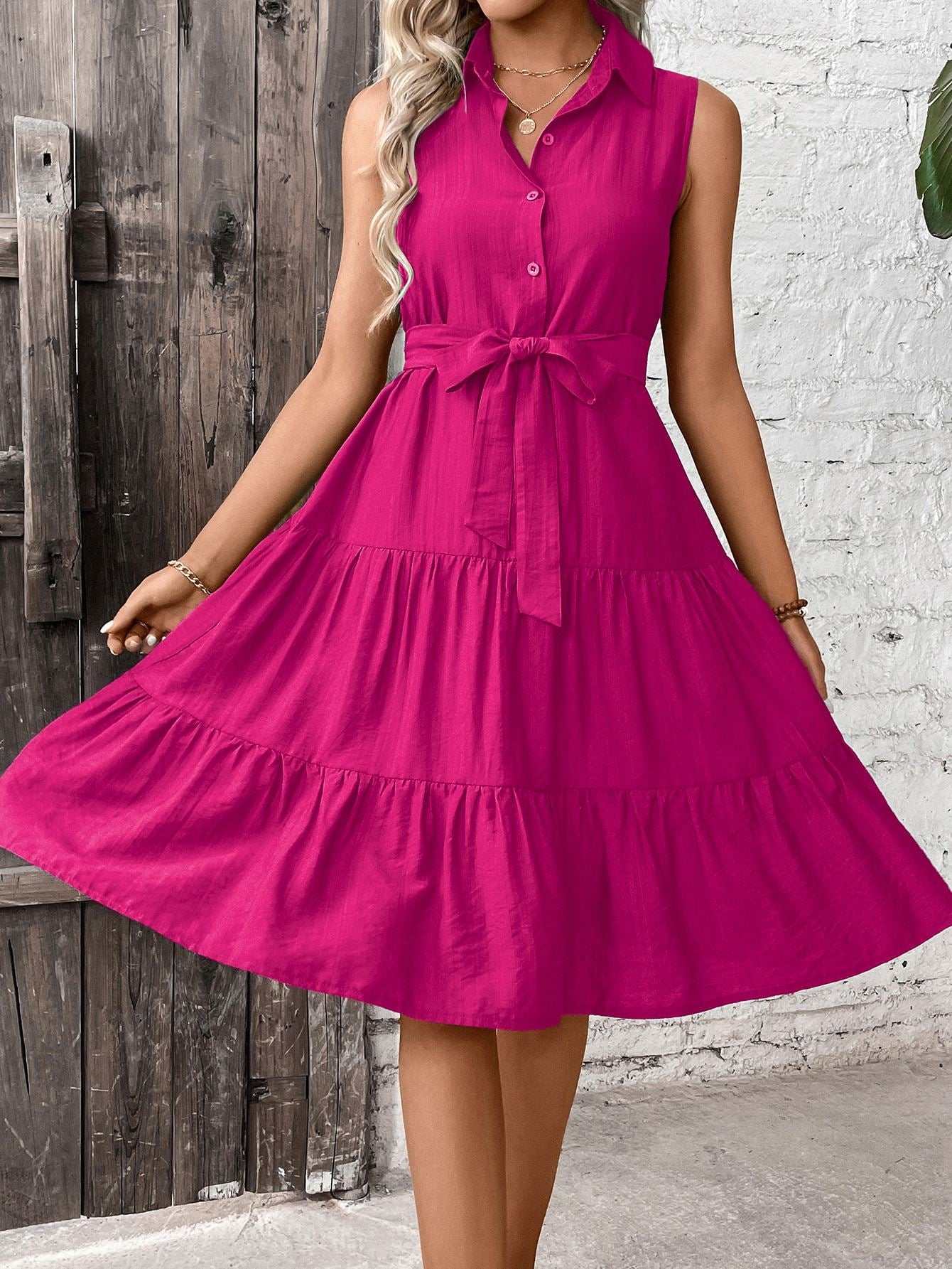 Ruffle Hem Belted Shirt Dress Maxi Vacation Beach Outfits Women
