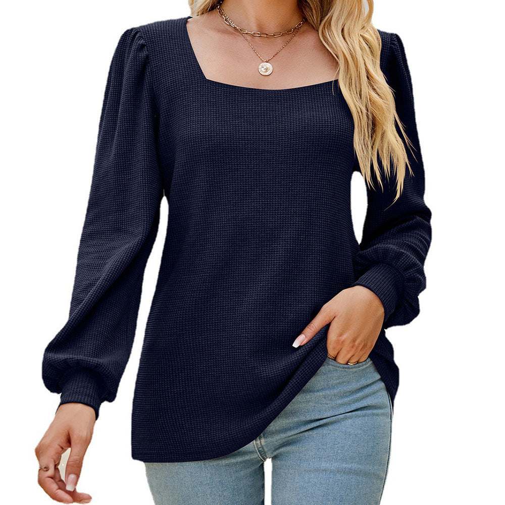 Women's U-neck Pleated Puff Sleeve Top Loose Casual Solid Color T-shirt