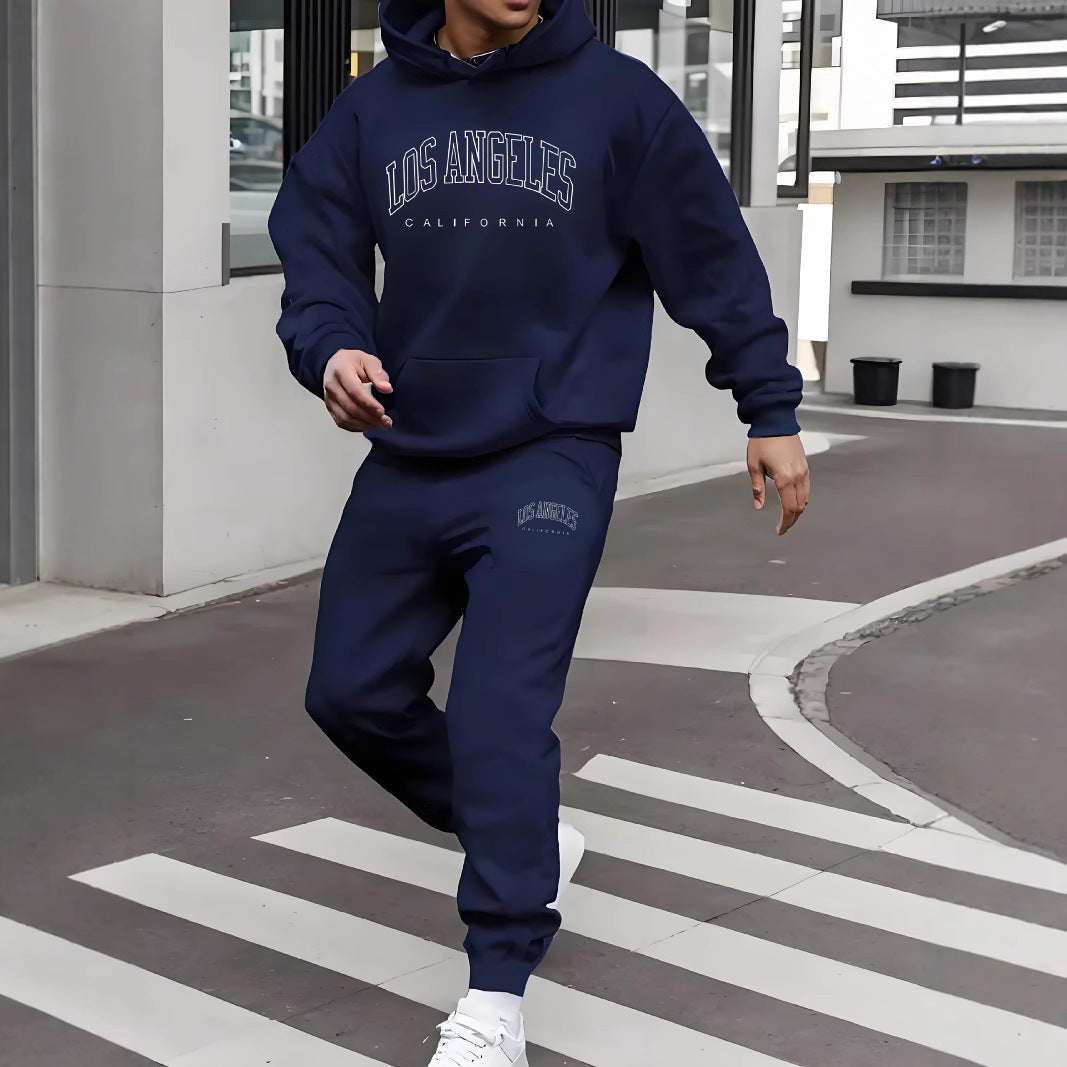 Autumn And Winter Fleece-lined Letter Print Same Color Sweatshirt And Sweatpants Suit Men