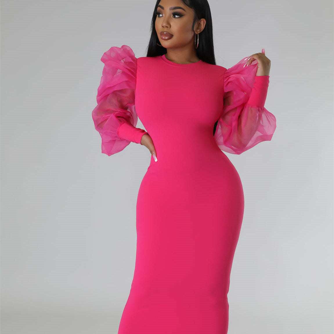 Mesh Puff Sleeve Elegant Slim Fit Dress