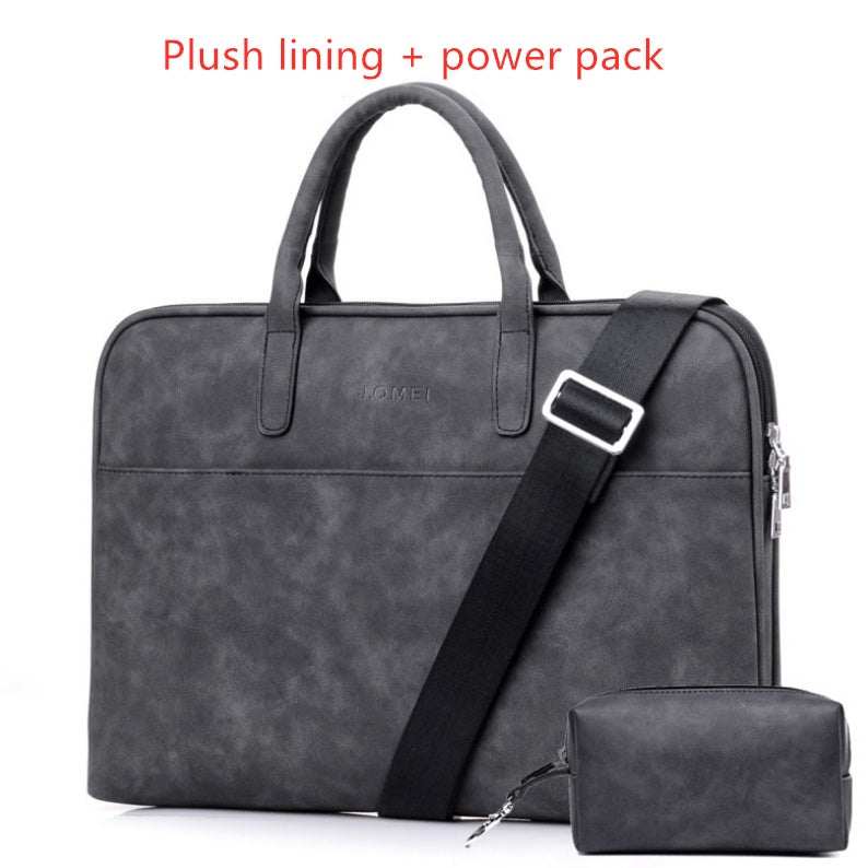Faux leather laptop bag for women, featuring plush lining and power pack, ideal for carrying laptops and tablets.