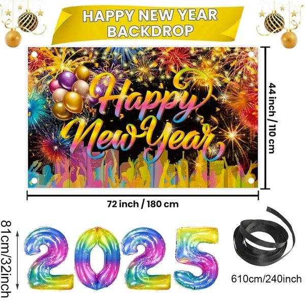 Happy New Year Background Cloth With 32 Inch Balloons Fireworks Designs New Year Backdrop Decor Holiday Photo Studio Props For 2025 New Year Party Photography Supplies