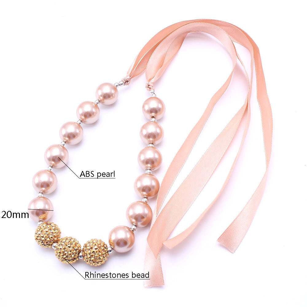 European style children's pearl necklace with pink ribbon and rhinestone beads