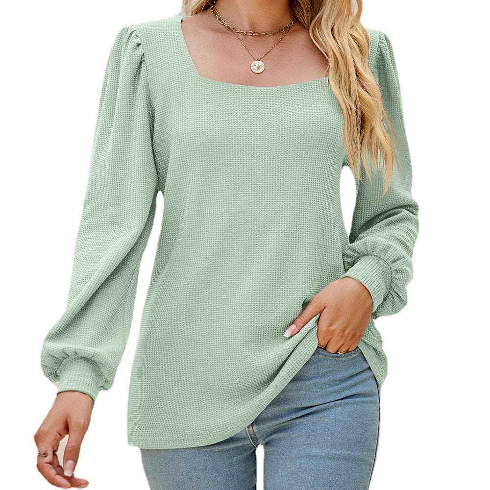 Women's U-neck Pleated Puff Sleeve Top Loose Casual Solid Color T-shirt