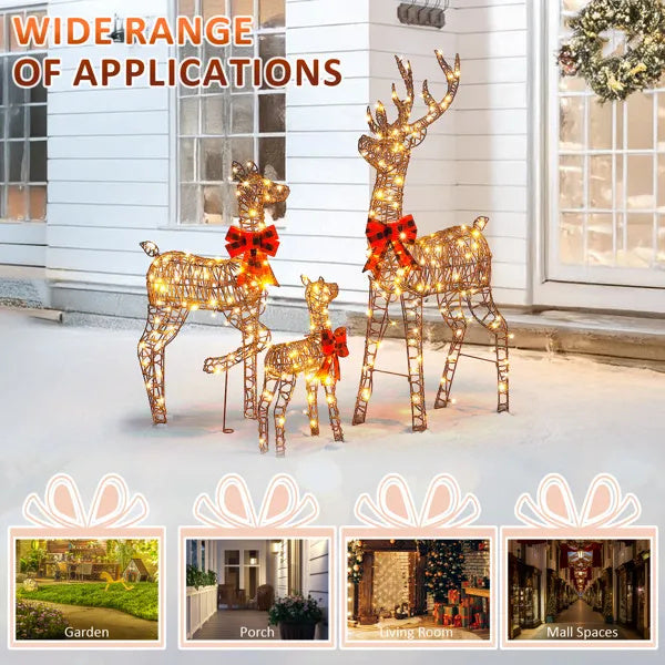 3-Piece Lighted Christmas Reindeer Family Set Outdoor Decorations, Weather Proof Rattan Deer Family Set Of 3 Christmas Ornament Home Decor Pre-lit 290 LED Warm White Lights, 5FT, Brown