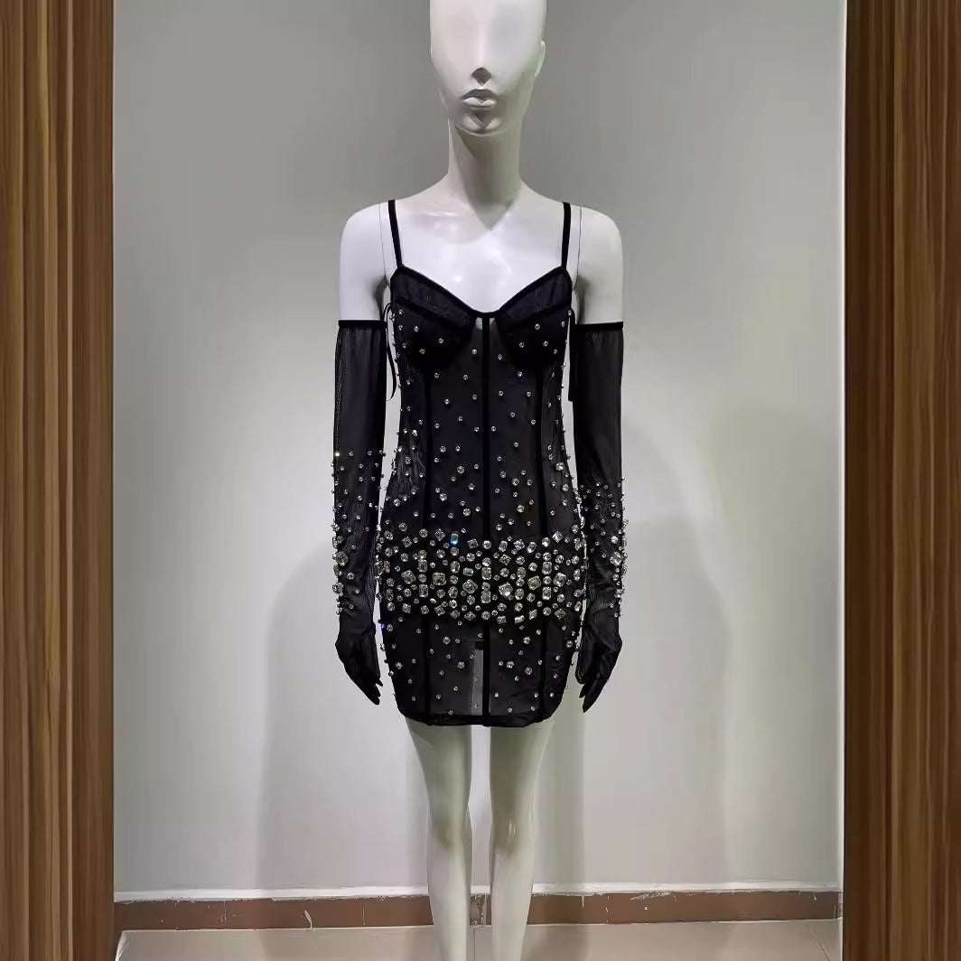 Rhinestone Fashionable Gloves Sexy Black Mesh Suspenders Dress