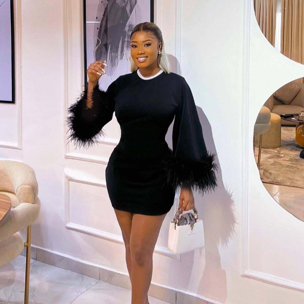 Autumn Elegant Square Collar Ostrich Feather Long Sleeve Socialite Lightly Mature Dress