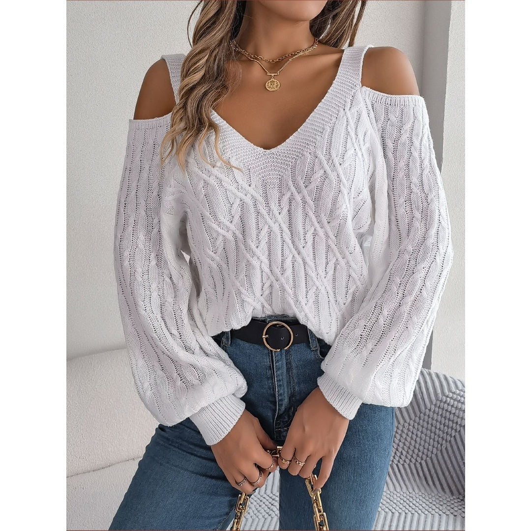 Real Shot Autumn-Winter 2025 Casual Solid Color Fried Dough Twists Off Shoulder Lantern Sleeve Sweater