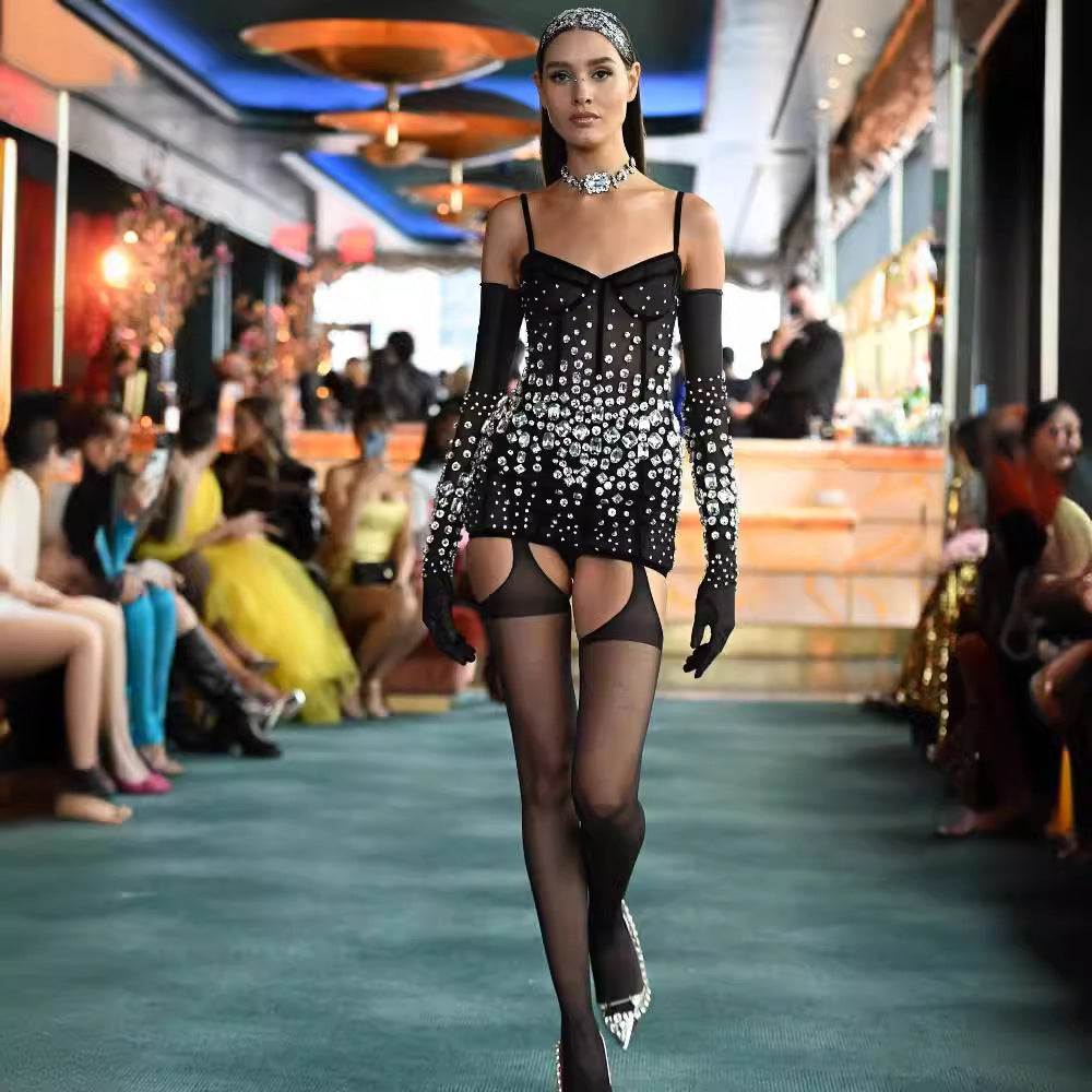 Rhinestone Fashionable Gloves Sexy Black Mesh Suspenders Dress