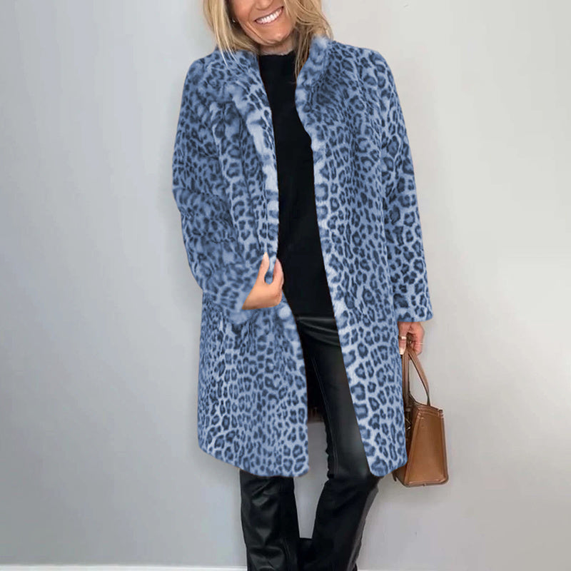 Women's Leopard Print Plush Jacket, Cozy Loose-Fit Warm Coat Elegant Medium-Length Fall Winter Outwear