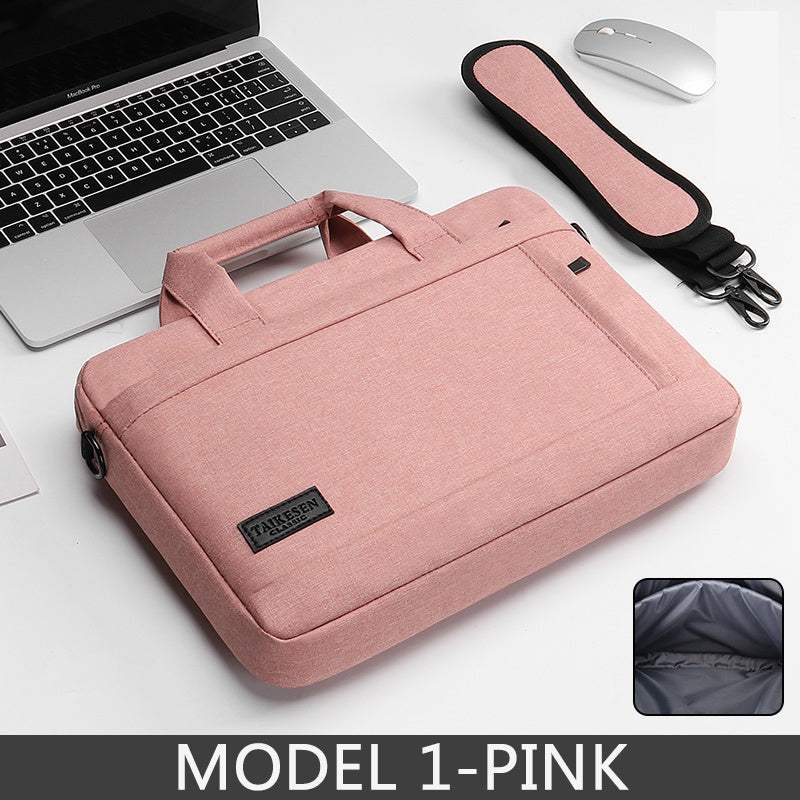15.6 inch laptop bag in pink color with handle, designed for unisex use, placed next to a laptop and a mouse.