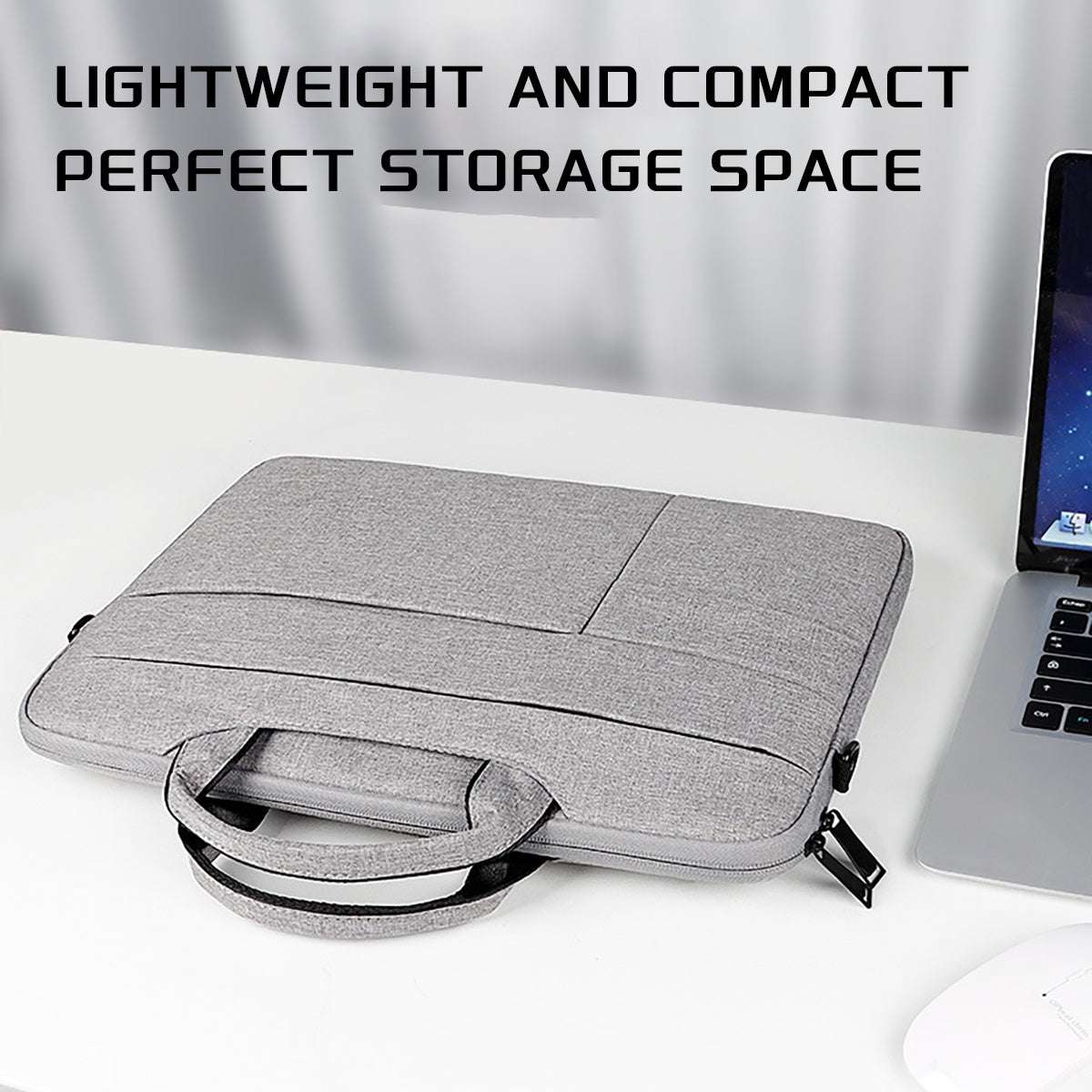 laptop bag with shoulder strap on a desk showcasing its lightweight and compact design for perfect storage space.