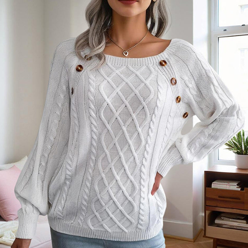 Women's cozy square neck knit top in white with button details, featuring a textured ribbed pattern for cozy fall and winter style.