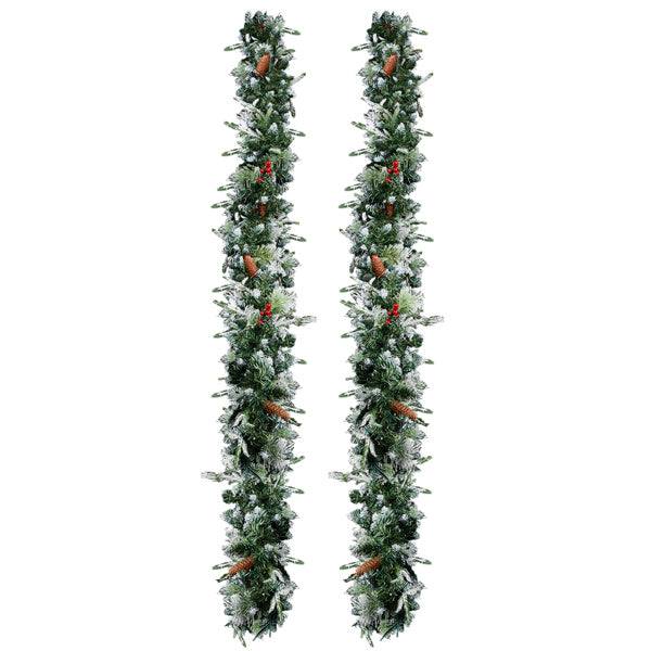 pre-lit snow flocked Christmas garland - 2-pack of 9-foot garlands with authentic snowy appearance and festive decorations.