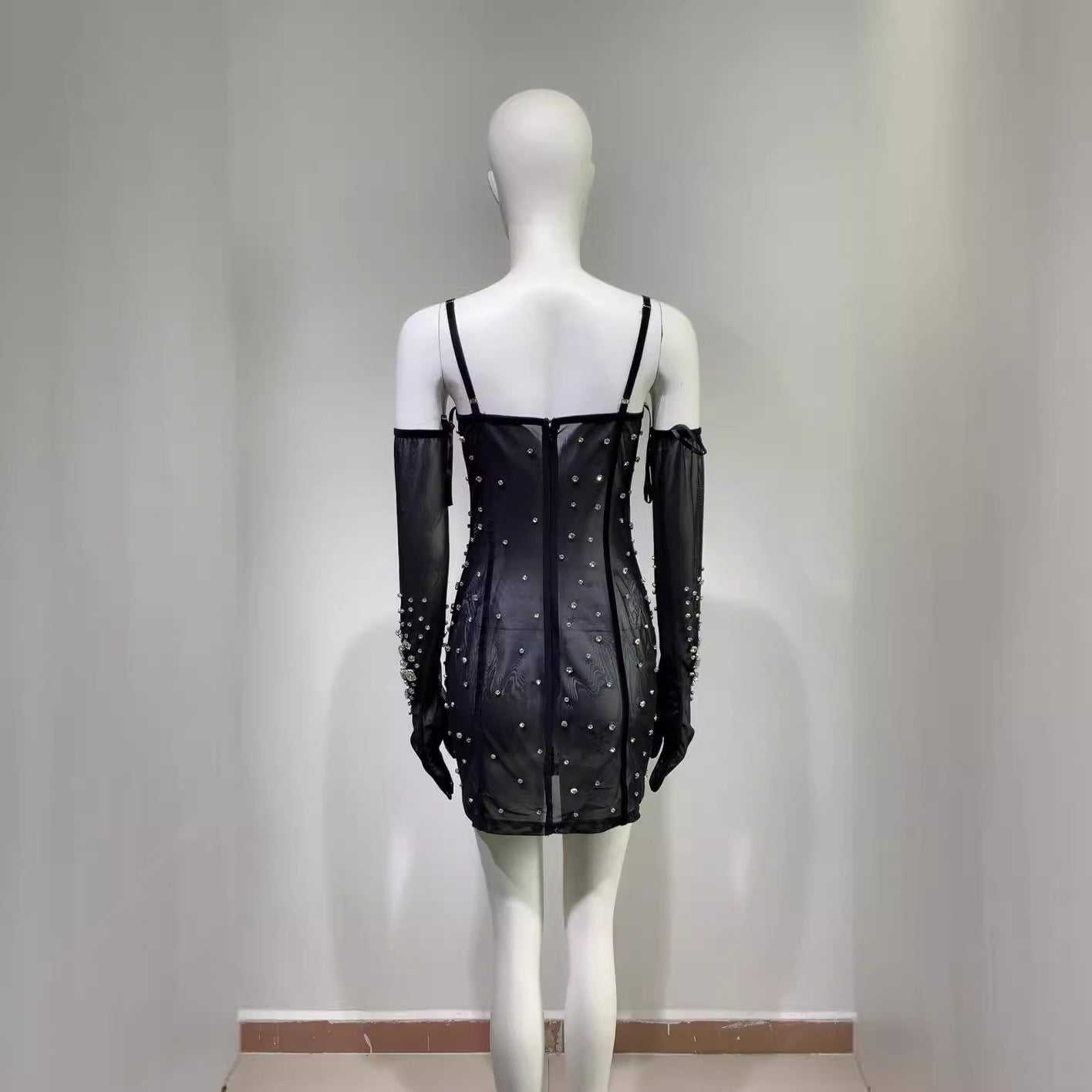 Rhinestone Fashionable Gloves Sexy Black Mesh Suspenders Dress