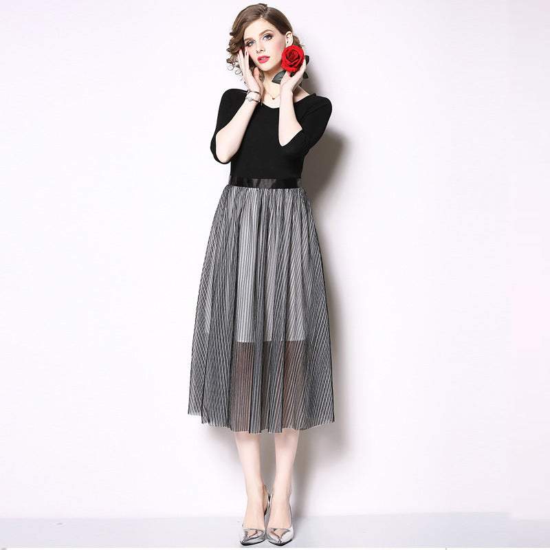 Women's Fashion Round Neck 34 Sleeves Patchwork Stripes Voile Dress