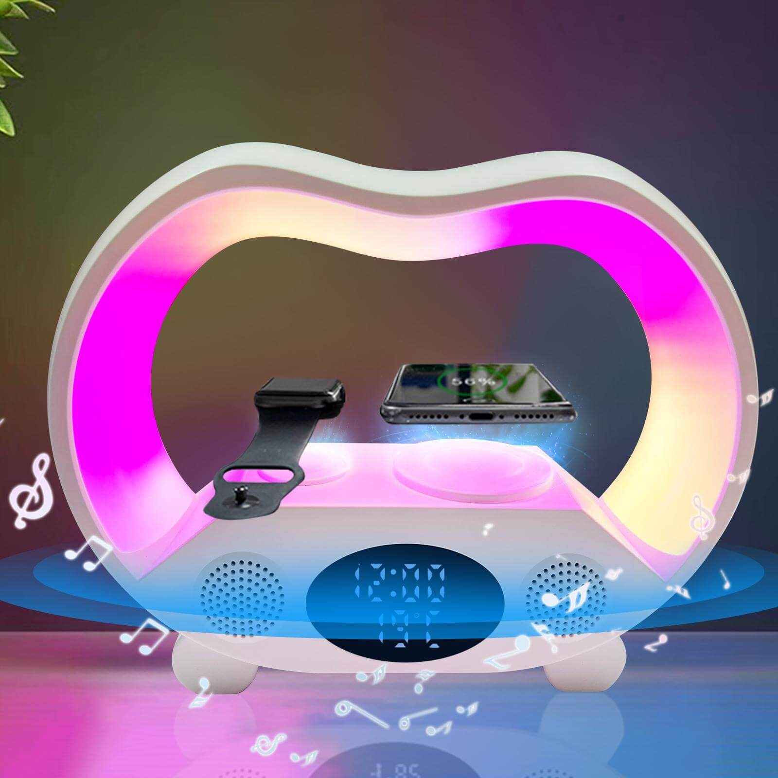 6 in 1 wireless charging night light and speaker with colorful LED glow, designed for bedroom use.