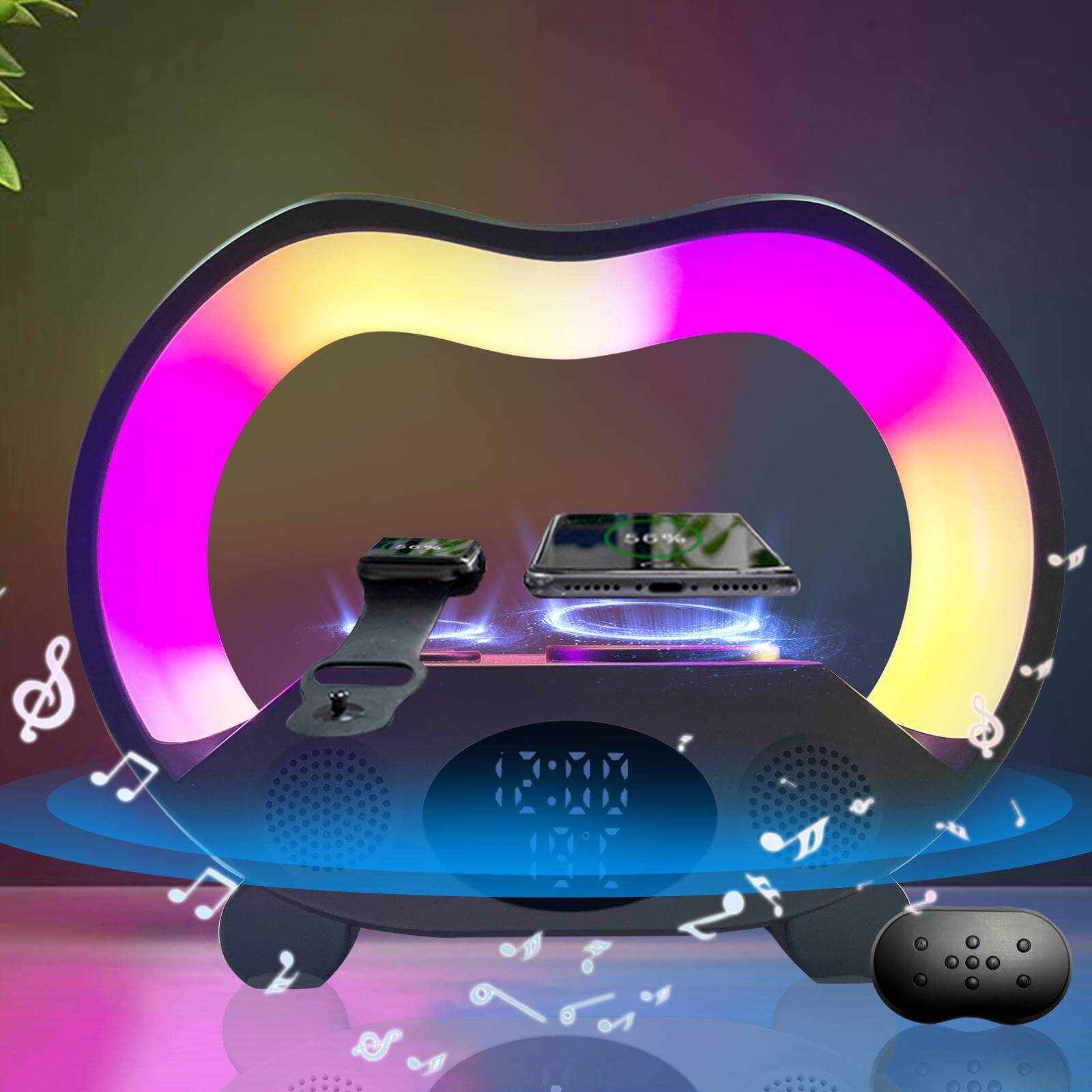 6 in 1 wireless charging night light and speaker with colorful ambient lighting, perfect for home or bedroom decor.