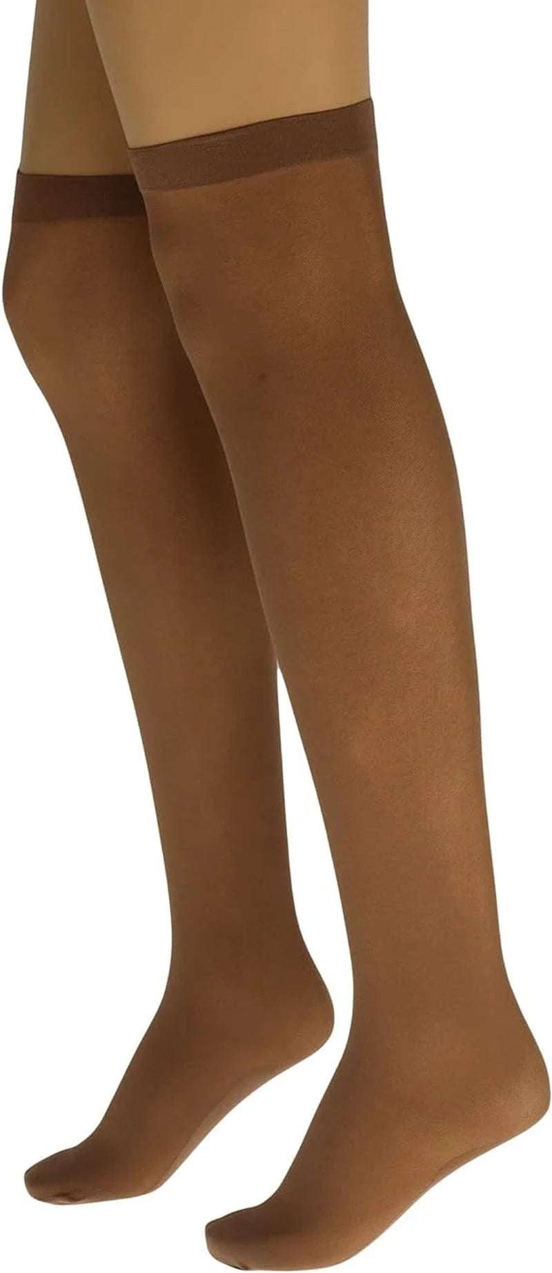 6 pairs women's over-the-knee sheer nylon socks in brown with stretch fit and reinforced base