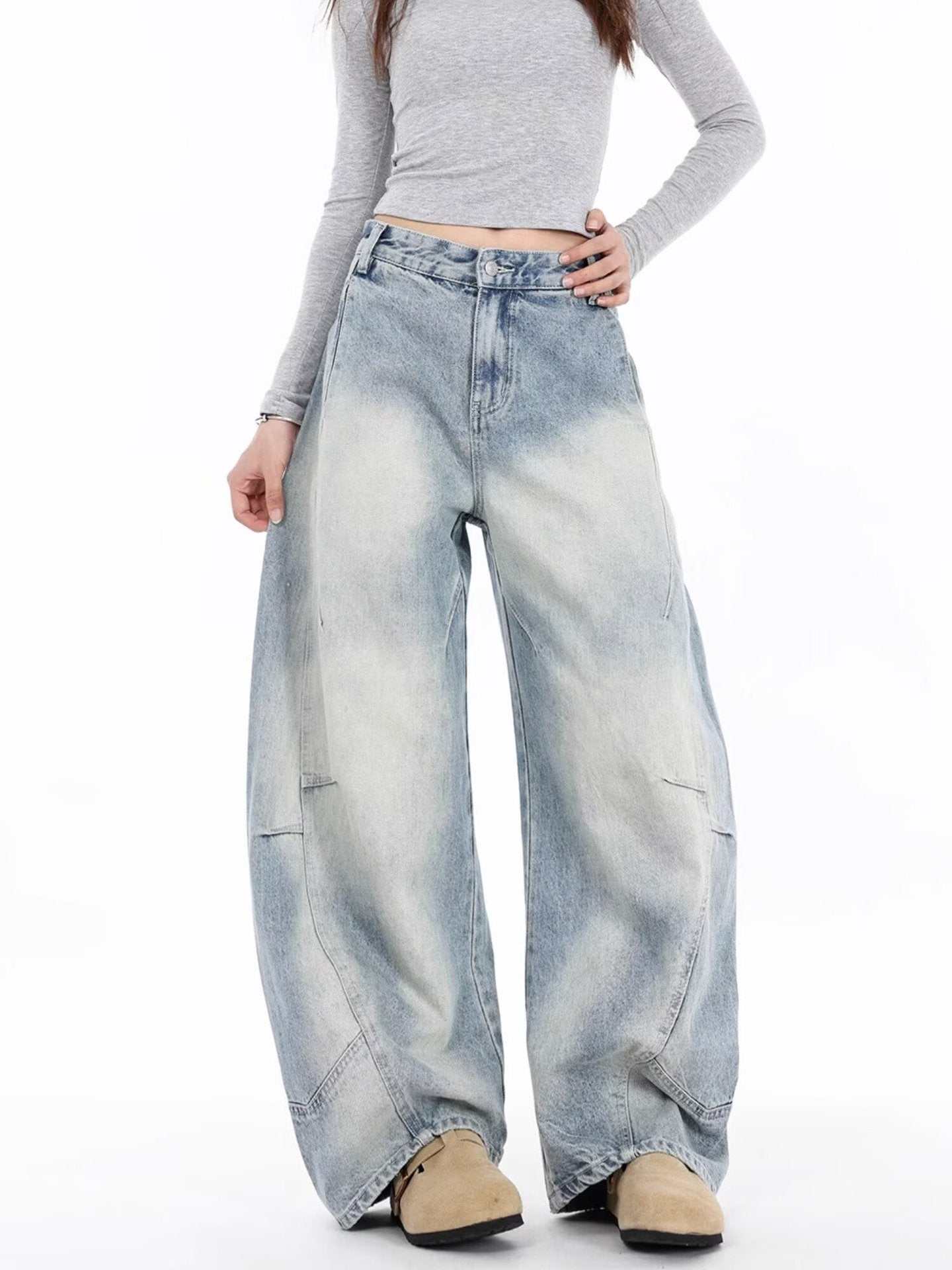 Vintage Distressed Straight Wide Leg Jeans