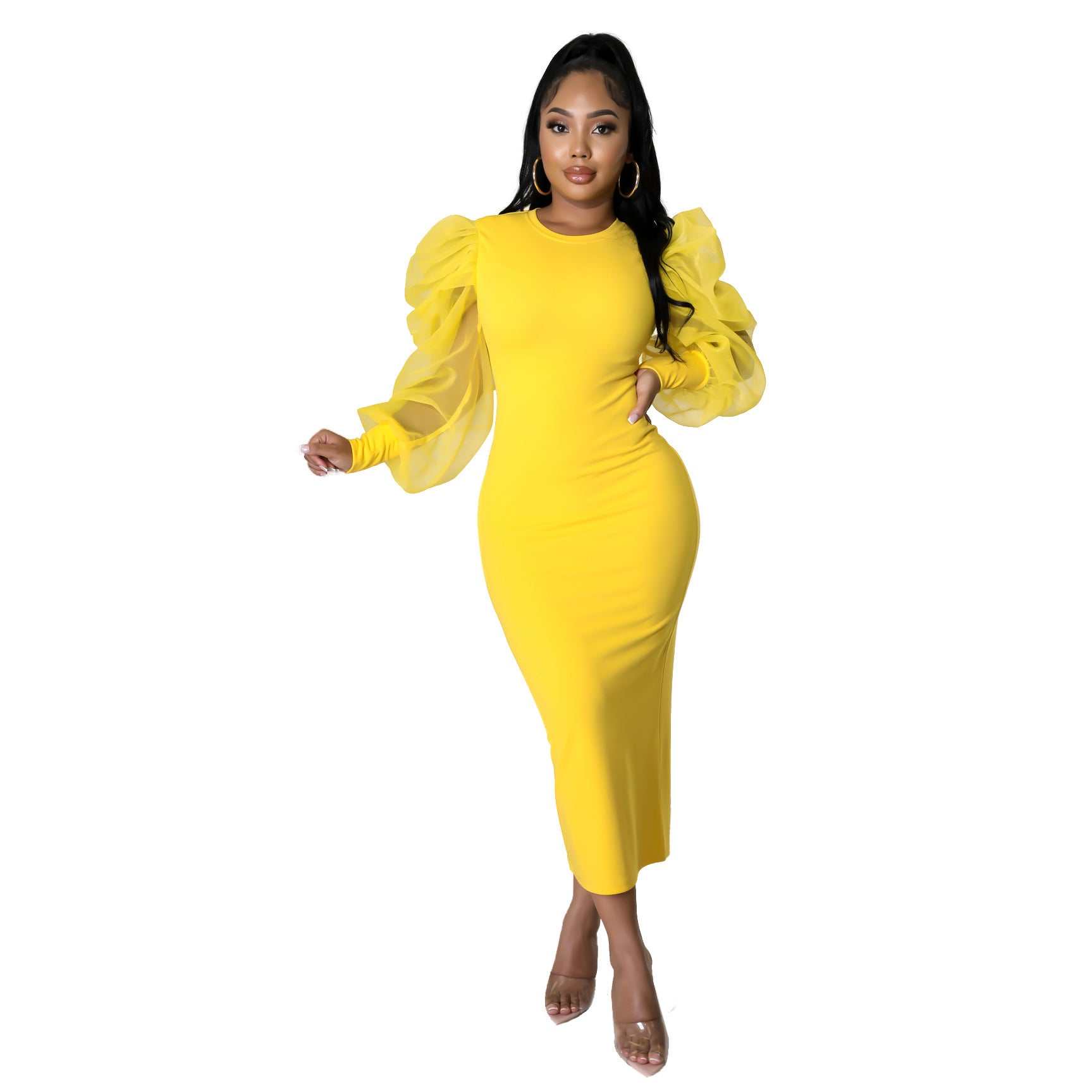 Mesh Puff Sleeve Elegant Slim Fit Dress