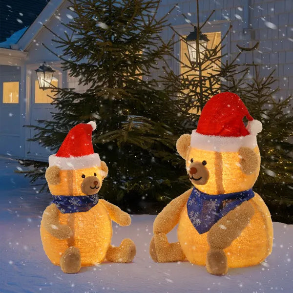 Set Of 2 Lighted Plush Bear Christmas Decorations, Pre-lit Pull Up Holiday Decor With 60 Warm White LED Lights For Xmas Outdoor Indoor Decor Lighted Holiday Displays