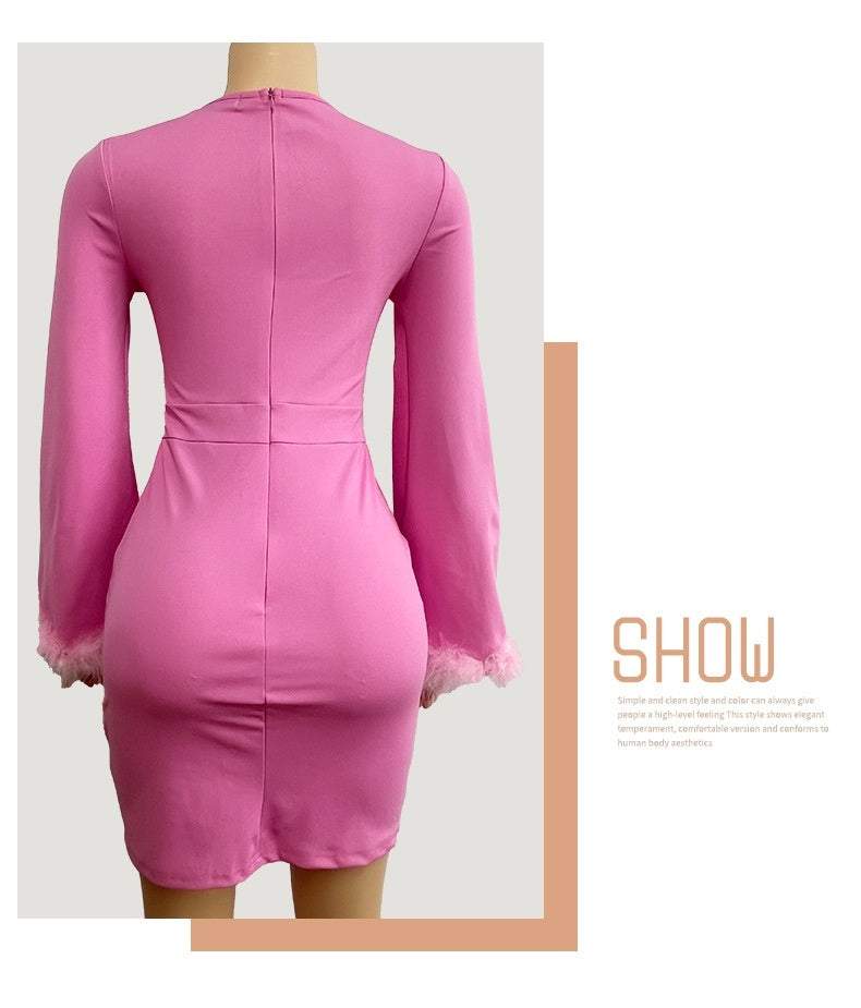 Autumn Elegant Square Collar Ostrich Feather Long Sleeve Socialite Lightly Mature Dress